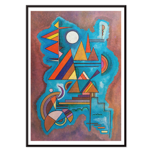 Abstract geometric shapes in vivid colors on blue watercolor background artwork Standing by Wassily Kandinsky, with black aluminium frame on white background