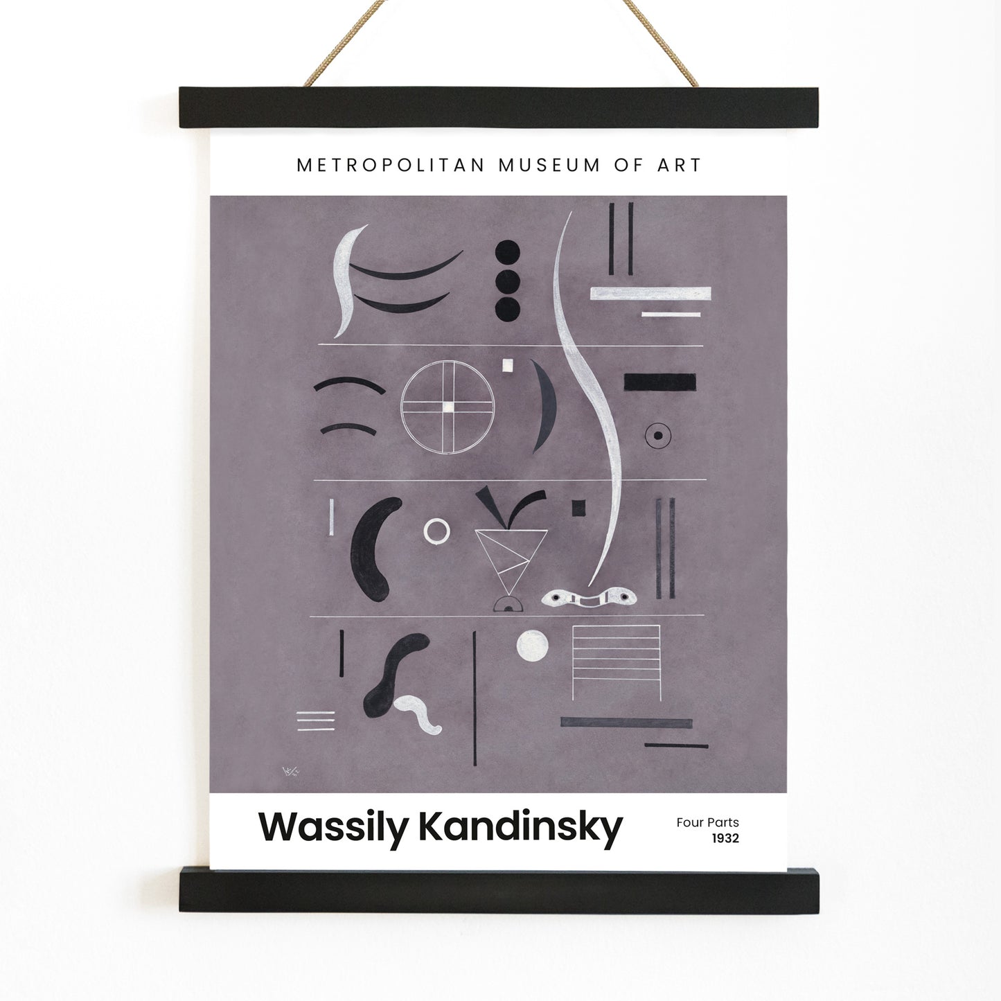 Abstract geometric art by Wassily Kandinsky from Four Parts featuring geometric shapes and lines displayed at the museum, with wooden magnetic frame on white background