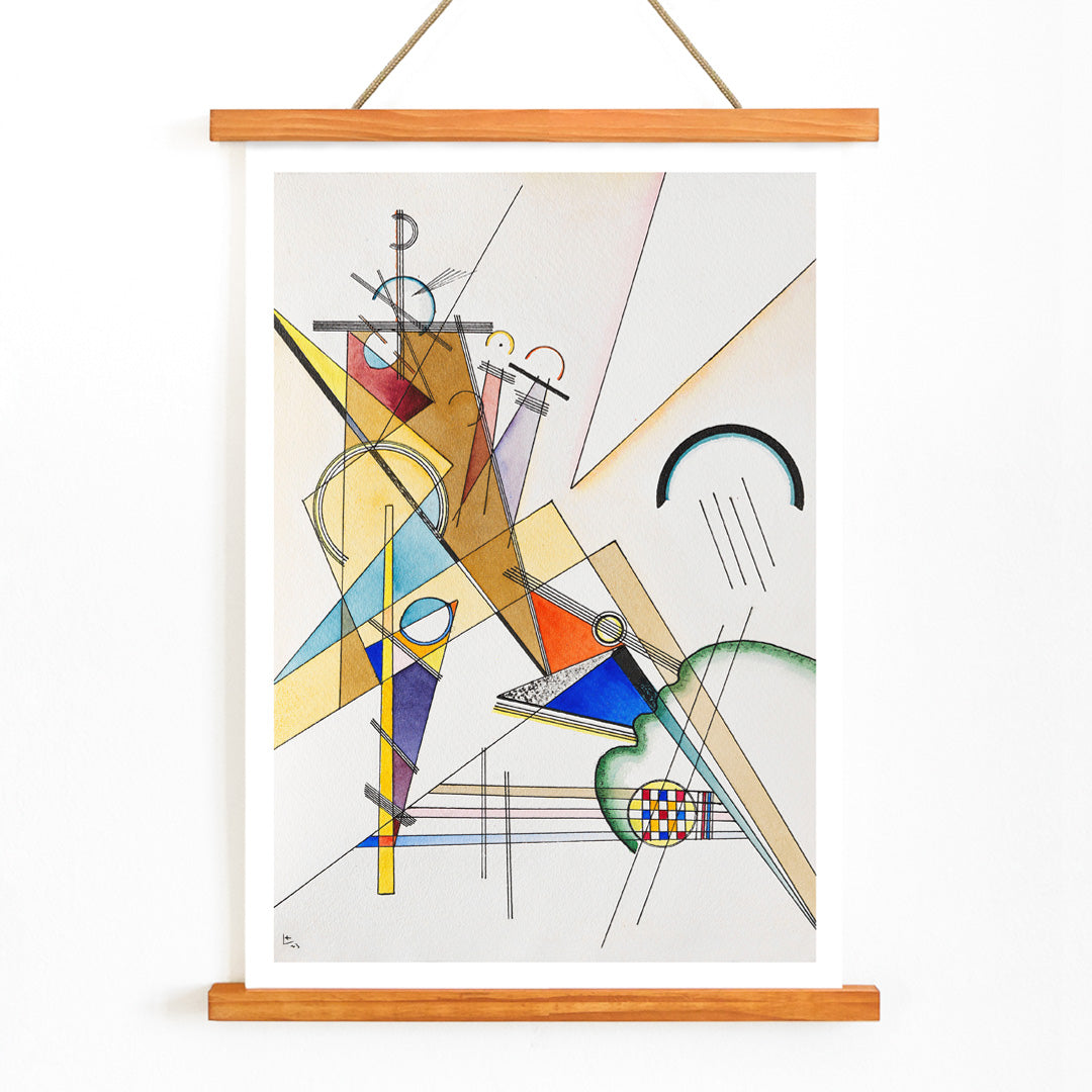 Abstract geometric shapes intersecting lines and vibrant colors in Gewebe by Wassily Kandinsky poster, with wooden magnetic frame on white background