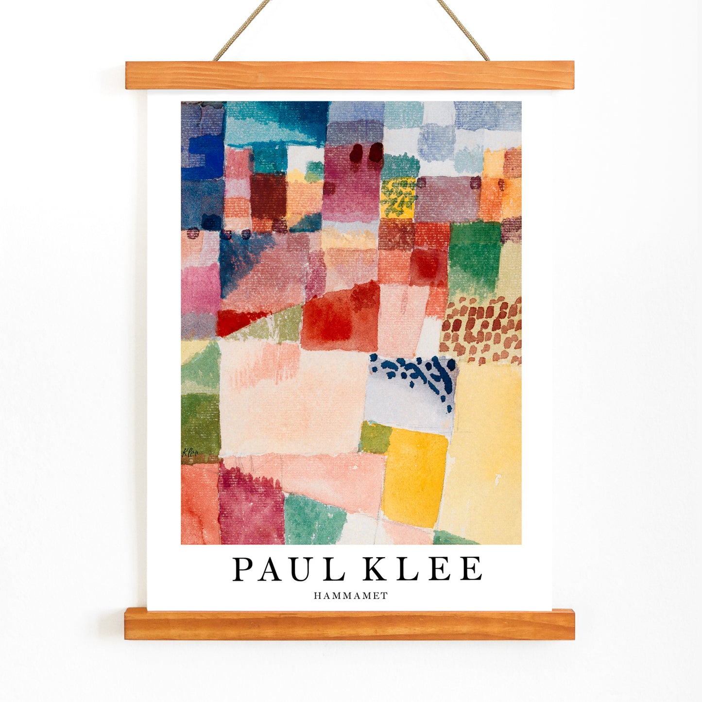 Colorful abstract geometric poster inspired by Motif from Hammamet painting by Paul Klee perfect for art lovers and modern decor, with wooden magnetic frame on white background