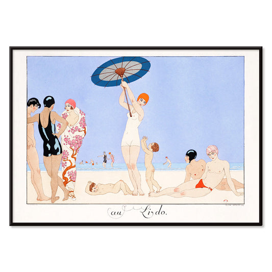Art Deco beach scene with women children and people in swimsuits relaxing and playing on the beach Au Lido Plate by George Barbier, with black aluminium frame on white background