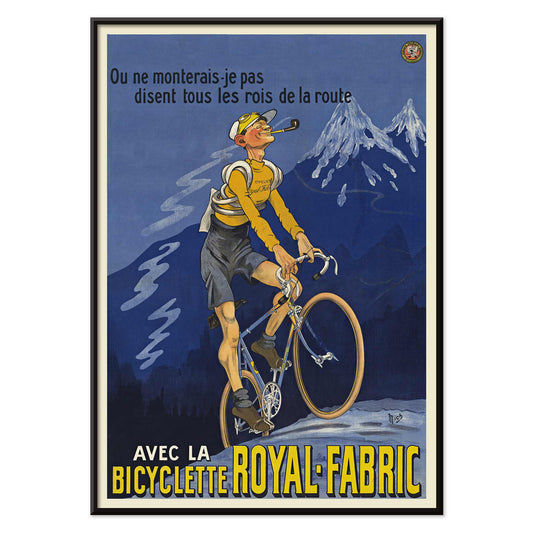 Michel Liebeaux Royal-Fabric bicycle poster with cyclist riding uphill in yellow gear against a moody blue mountain sky, with black aluminium frame on white background