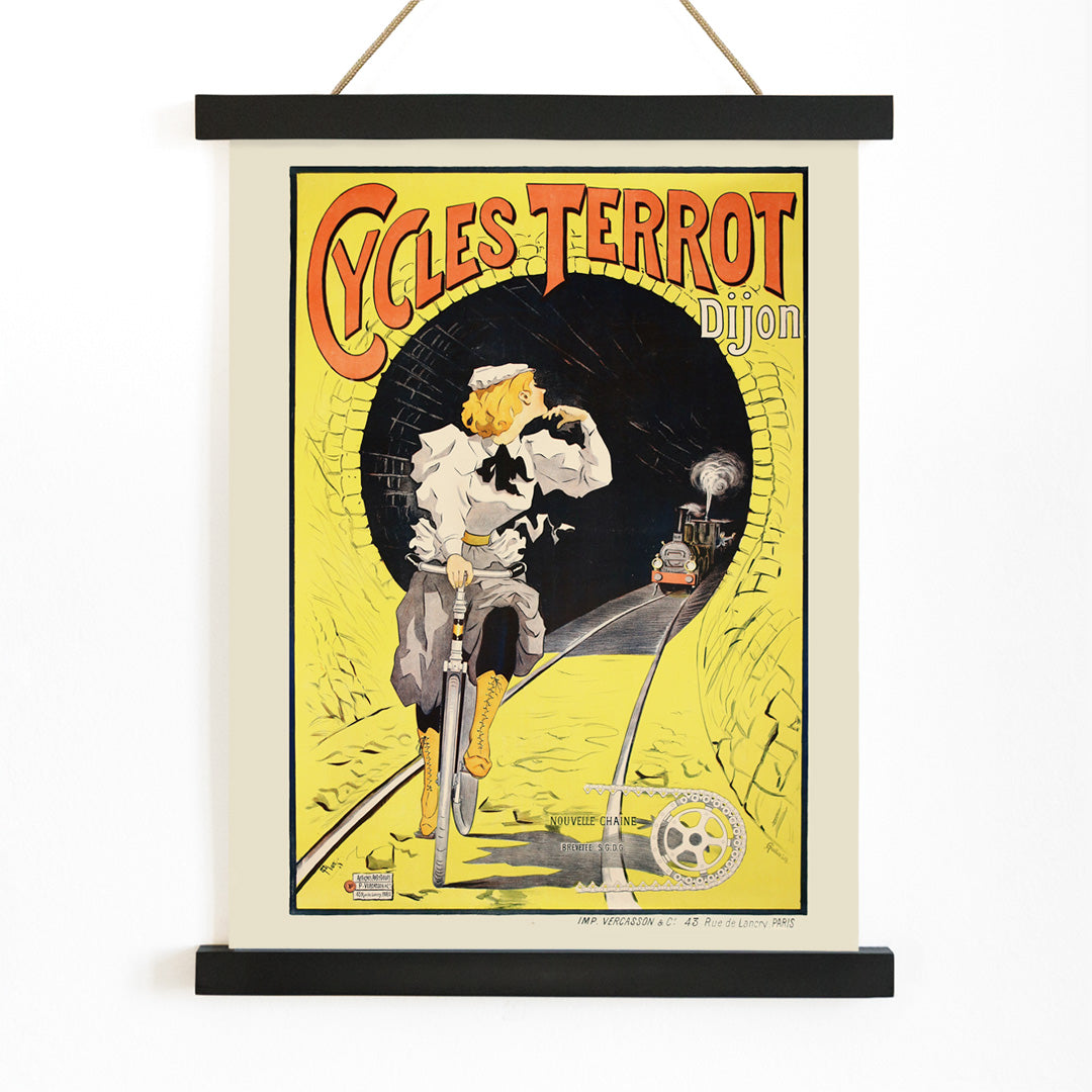 Vintage poster of a woman riding a bicycle in a tunnel with a train approaching Cycles Terrot Dijon artwork, with wooden magnetic frame on white background