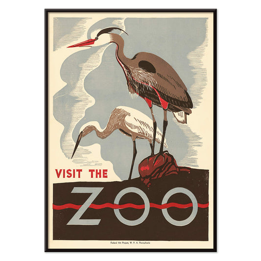 Visit the zoo poster by Federal Art Project WPA Pennsylvania showing two herons standing on a rock with text by the artist, with black aluminium frame on white background