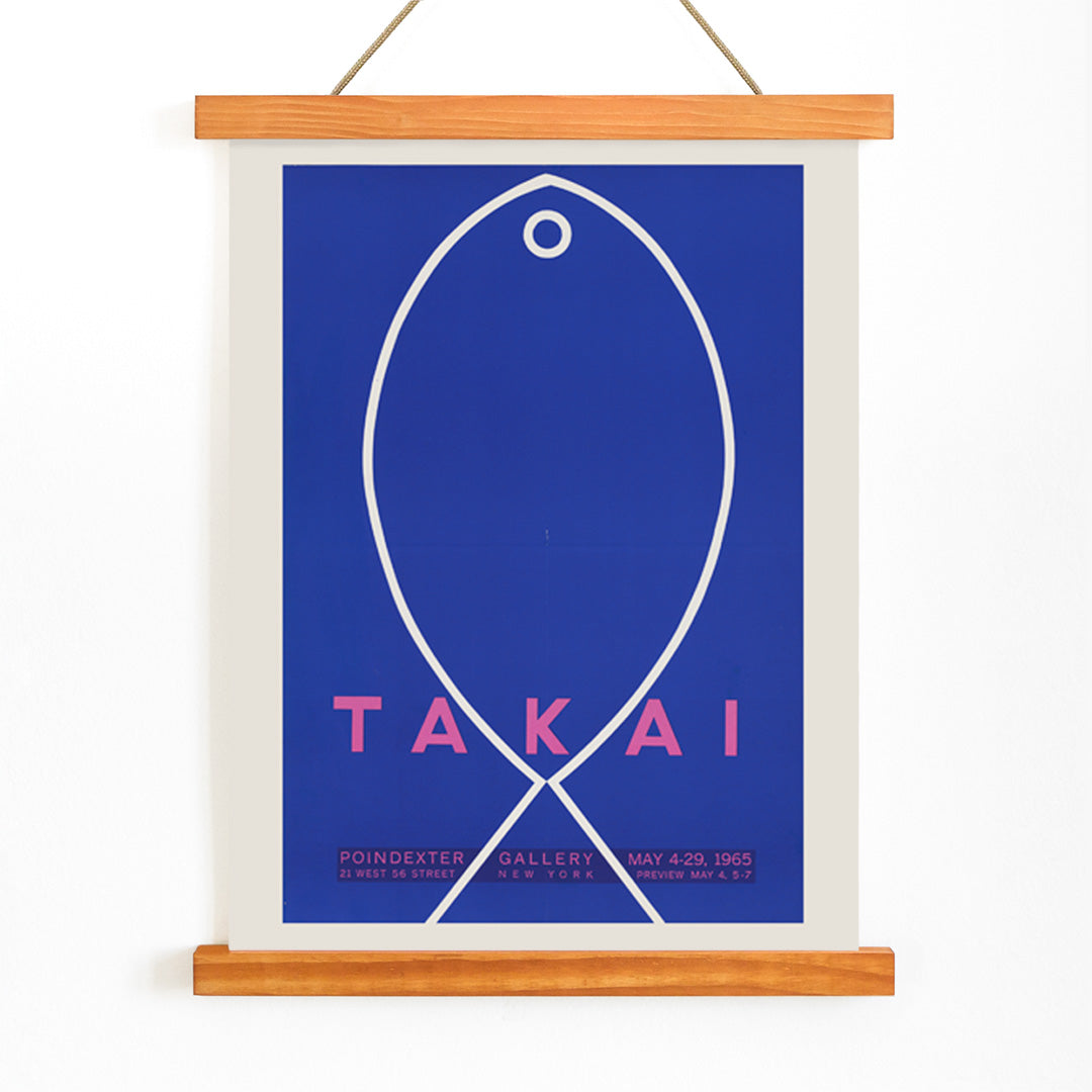 Minimalist blue and white fish outline artwork poster on blue background with Takai exhibition details by Teiji Takai, with wooden magnetic frame on white background