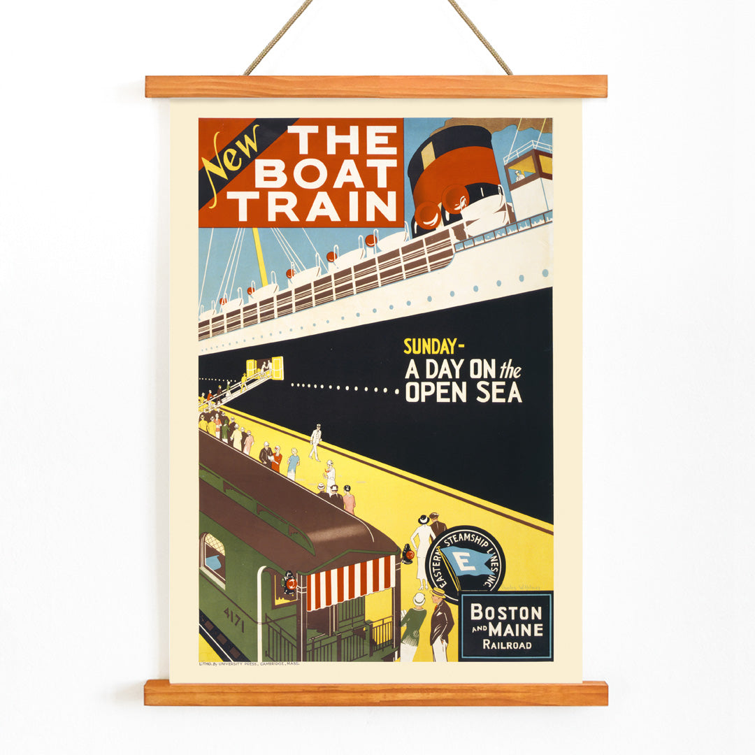 Vintage travel poster by Charles W Holmes showing people boarding a ship from a train platform for a day at sea titled New The boat train, with wooden magnetic frame on white background