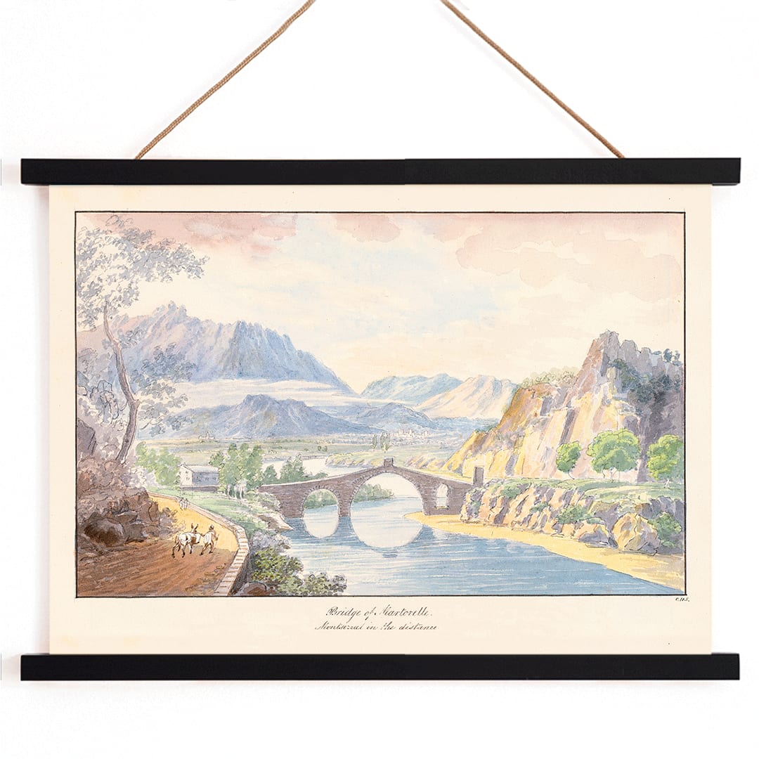 Bridge of Martorelle by Charles Hamilton Smith stone bridge over river with mountains scenic landscape poster, with wooden magnetic frame on white background