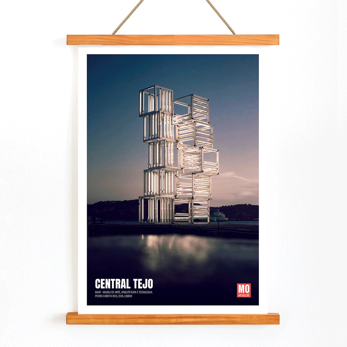 Central Tejo by Pedro Cabrita Reis at Mo Art Gallery Lisbon illuminated architectural sculpture and modern structure poster, with wooden magnetic frame on white background