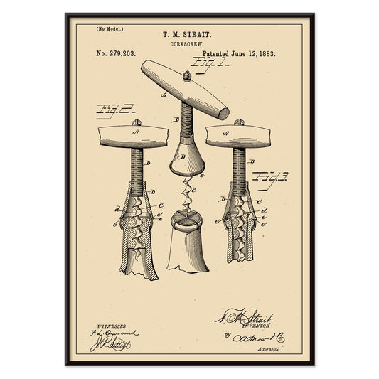 Corkscrew Patent by TM Strait technical drawing and signature poster featuring detailed diagrams and specifications of corkscrew invention, with black aluminium frame on white background