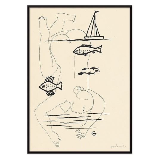 Drowned by Mikuláš Galanda surreal minimalist line drawing poster featuring abstract human figure fish and sailboat, with black aluminium frame on white background