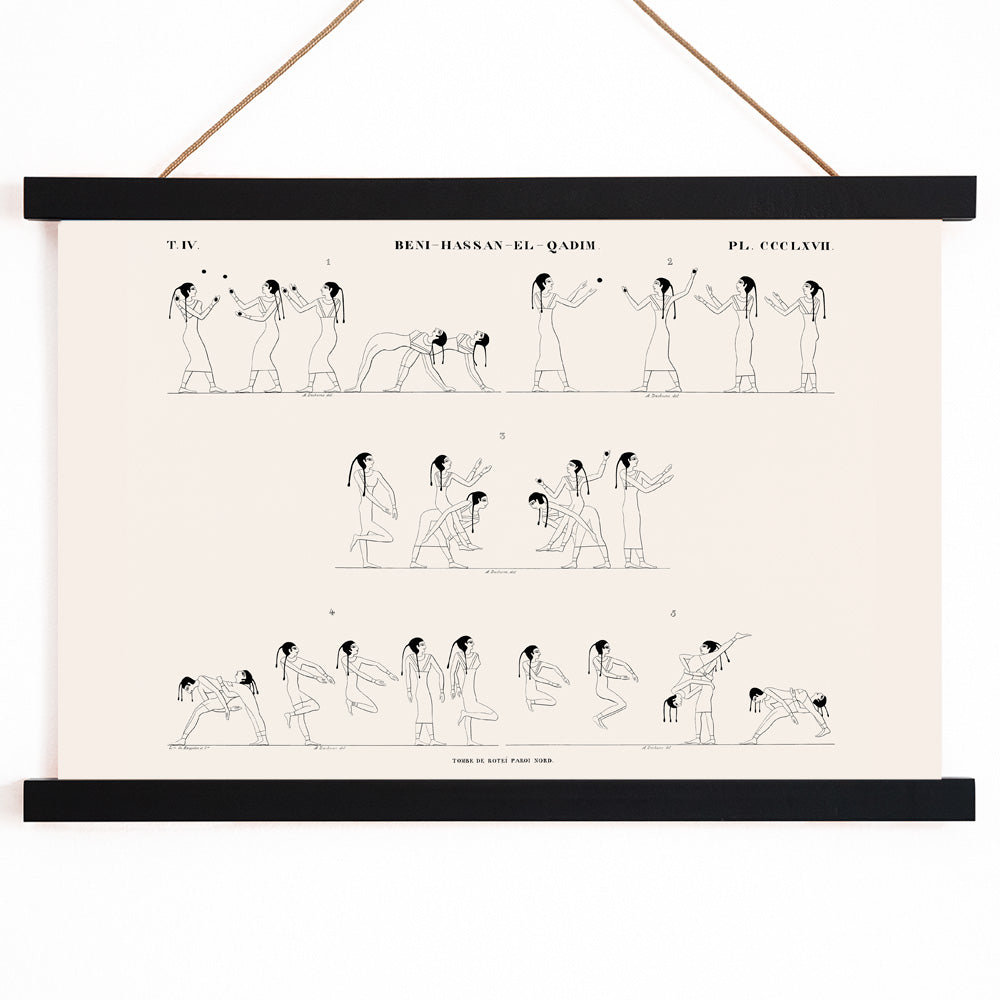 Ancient Egyptian wrestling scene and poster with line drawings from Tomb of Rotei north wall by Jean Francois Champollion, with wooden magnetic frame on white background