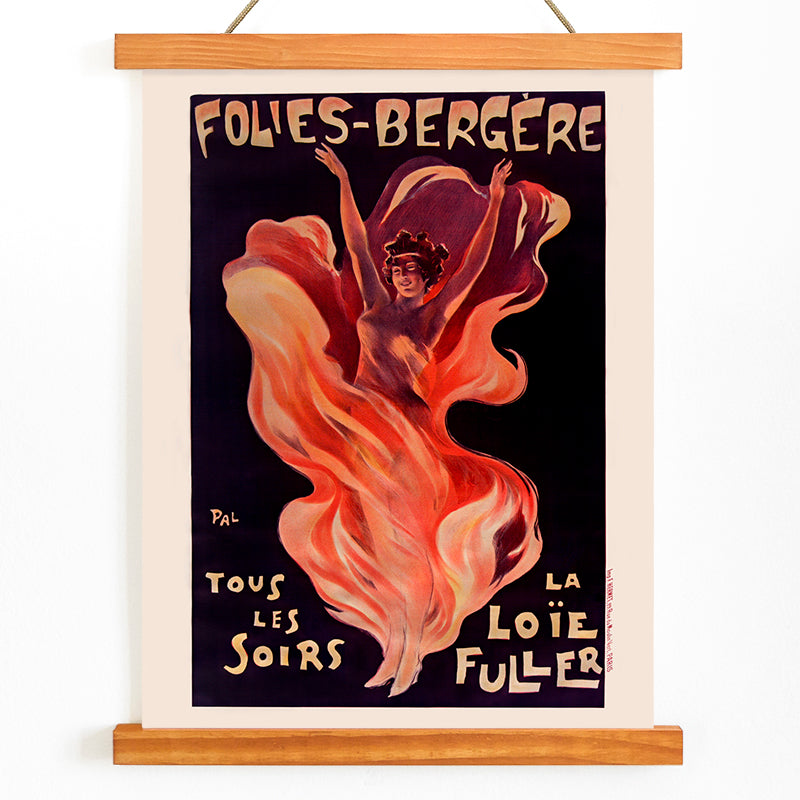 Folies-Bergere La Loie Fuller by Pal vibrant poster artwork featuring a dancing woman with flowing and swirling colorful fabric, with wooden magnetic frame on white background