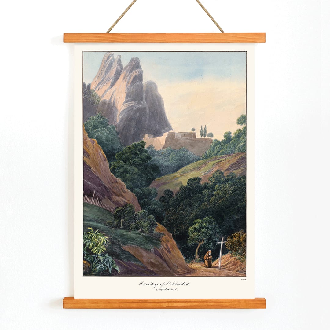Painting of Hermitage of St Trinidad Montserrat by Charles Hamilton Smith with mountainous landscape lush trees and monk, with wooden magnetic frame on white background