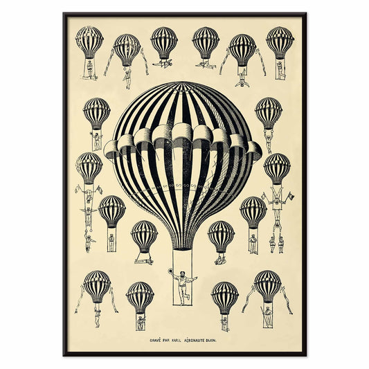 Henry La Vaulx Hot Air Balloon Study vintage scientific balloon chart with black and white striped balloons poster, with black aluminium frame on white background