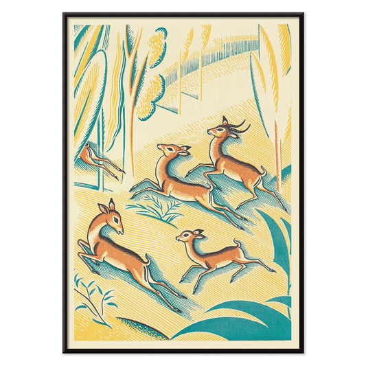 Gazelles in a colorful jungle scene A Jungle Picnic Pl.01 Gazelle by Clifford Webb illustration and poster, with black aluminium frame on white background