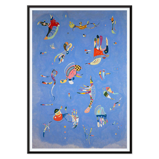 Bleu de Ciel by Wassily Kandinsky abstract blue artwork poster with colorful geometric shapes and vibrant colors on a blue background, with black aluminium frame on white background