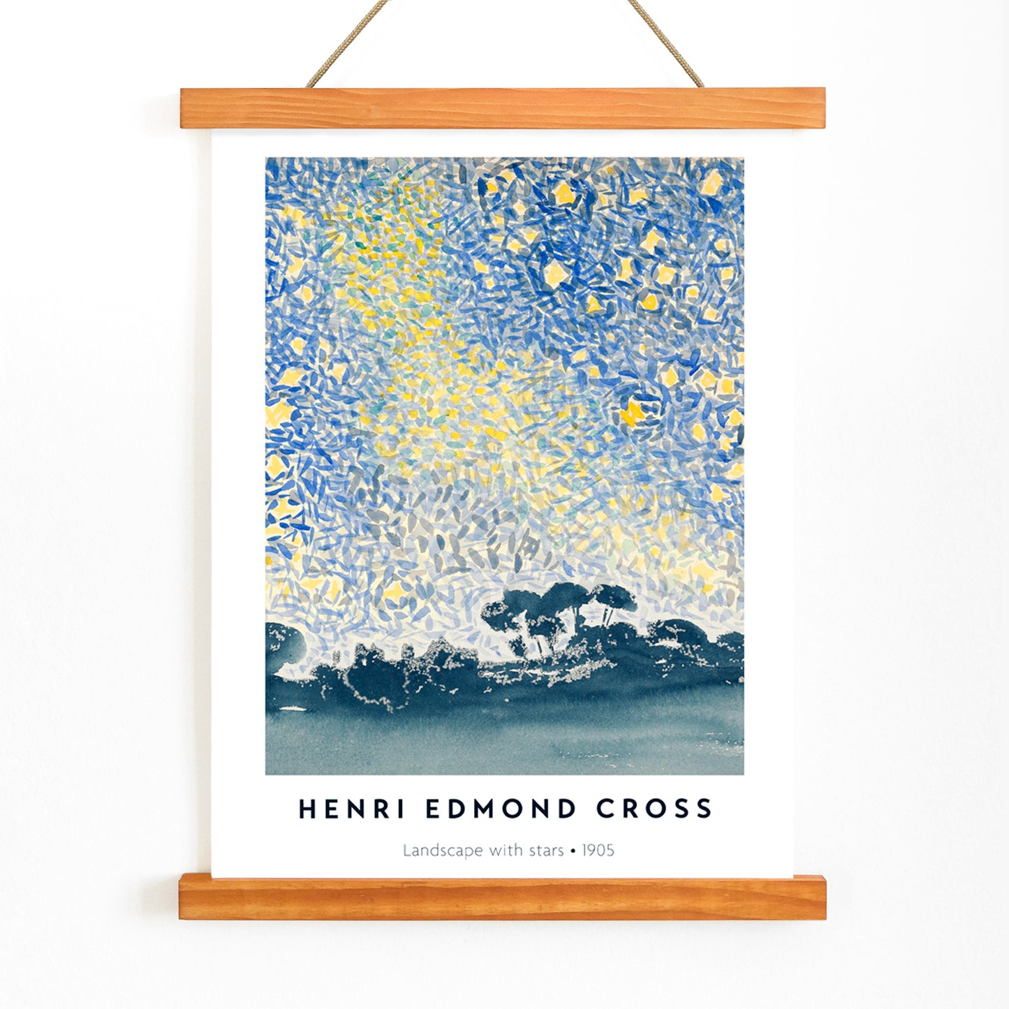 Landscape with Stars by Henri Edmond Cross colorful night sky painting and poster featuring blue and yellow star filled sky above dark landscape, with wooden magnetic frame on white background