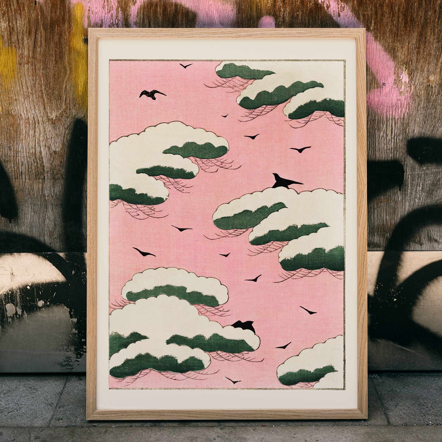 Light pine wood frame with a natural finish, displaying a photo or artwork, classic and elegant design suitable for modern or traditional interiors, scene picture showing a poster in the frame