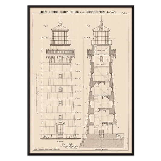 Section and elevation drawing of the Lighthouse at Destruction Island Washington by James G Hill poster, with black aluminium frame on white background