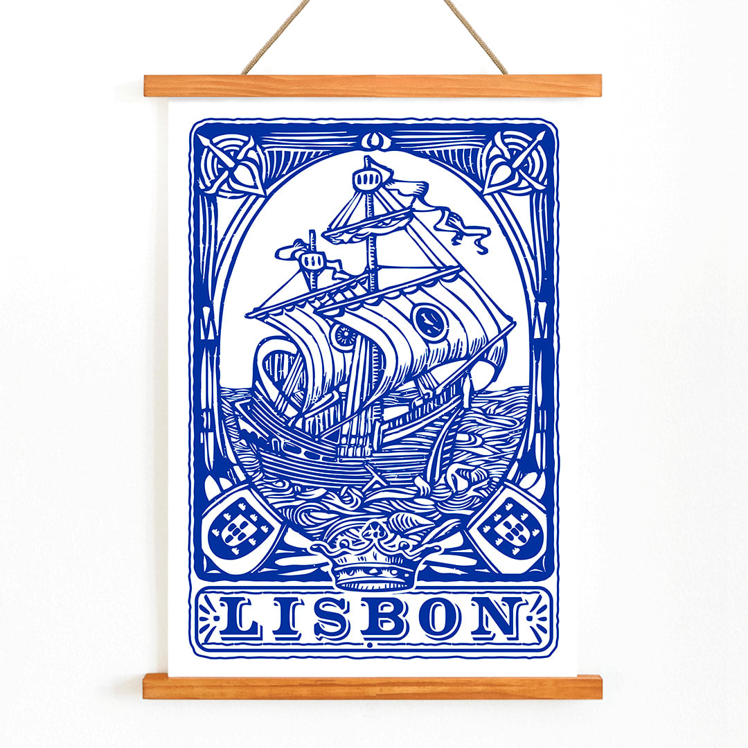Blue painted azulejo tile artwork by Lisbon Azulejo featuring a ship and the word Lisbon Blue painted tile 1 poster, with wooden magnetic frame on white background