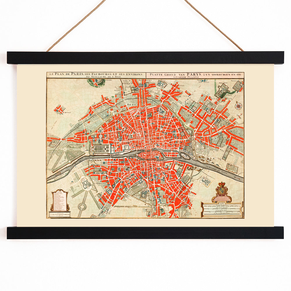Ancient map of Paris by Guillaume Delisle detailed city layout illustration and poster artwork with red highlights, with wooden magnetic frame on white background
