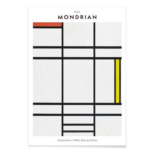 Abstract geometric painting by Piet Mondrian featuring bold black lines geometric shapes and blocks of white red and yellow in Composition in White Red and Yellow poster, with black aluminium frame on white background
