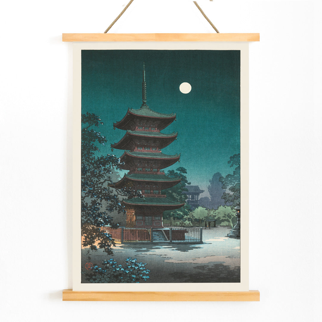 Asakusa Kinryuzan Temple pagoda at night with full moon by Tsuchiya Koitsu from Sketches of Famous Places in Japan poster, with wooden magnetic frame on white background