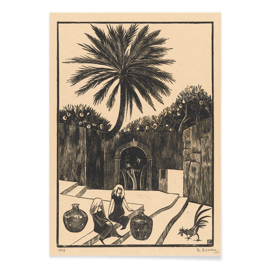 Street with steps in Taormina Sicily featuring palm tree two women with jugs and figures outdoor scene artwork by Bernard Essers, with black aluminium frame on white background