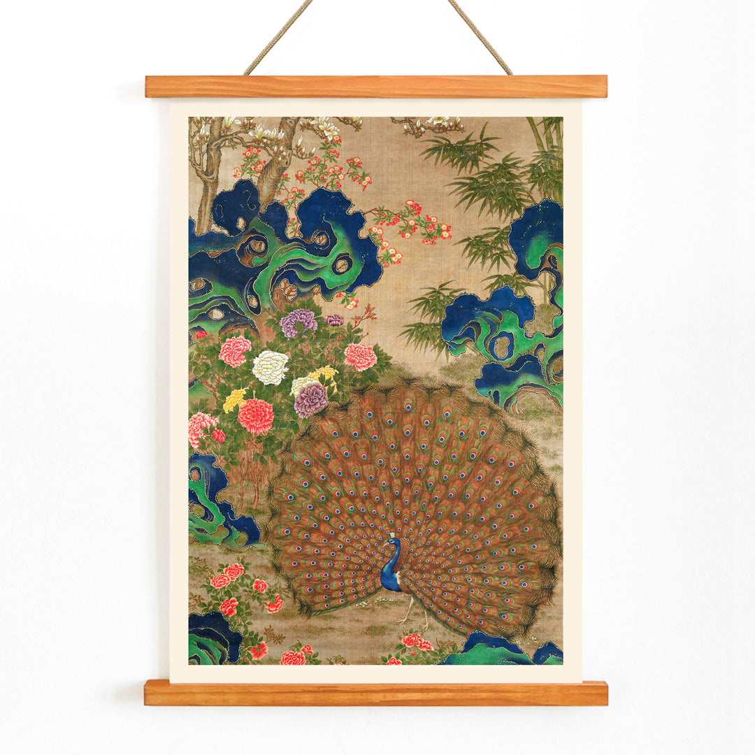 Vibrant Chinese peacock with colorful flowers classic artwork poster perfect for wall decor, with wooden magnetic frame on white background