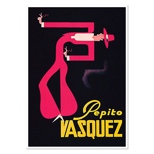Abstract figure in bright colors pink and red on black background Pepito Vasquez by Tito Livio De Madrazo poster, with black aluminium frame on white background