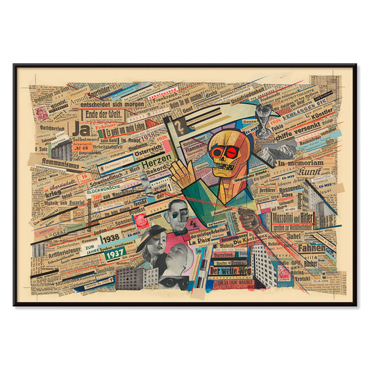 Political collage with newspaper clippings geometric figure and skull by Karl Wiener titled Political collage poster, with black aluminium frame on white background