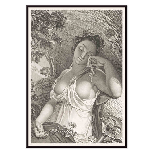 Sleeping Woman by Salvatore Tresca serene woman sleeping in a lush natural setting with flowers and wheat poster, with black aluminium frame on white background