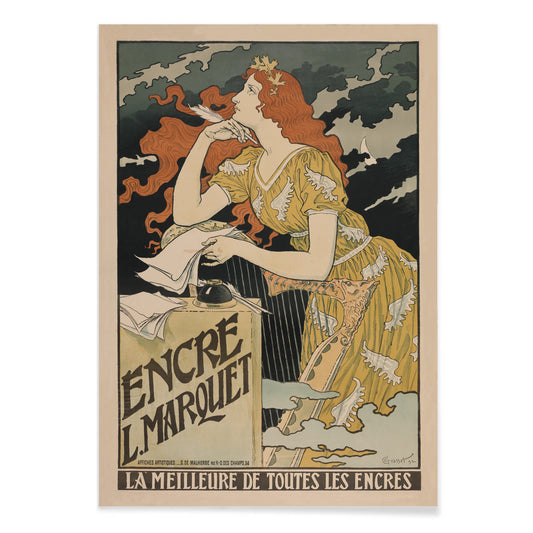 Art Nouveau poster of a woman in a yellow dress with flowing red hair writing at a desk for Encre Marquet by Eugene Grasset, with black aluminium frame on white background