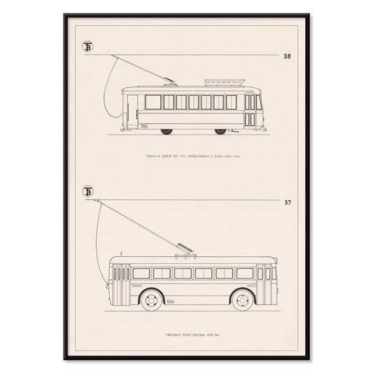 Technical drawings poster of tram Tranvia Serie 701 712 and trolleybus Trolebus Serie 550 589 by Maquitrans, with black aluminium frame on white background