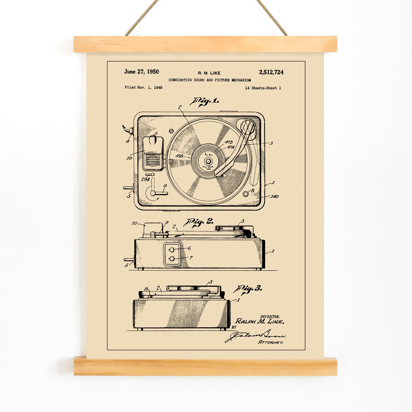 Vintage turntable patent illustration and technical drawing poster by R M Like ideal music lover decor, with wooden magnetic frame on white background
