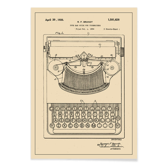 Vintage typewriter patent illustration by R F Brandt with technical details and drawing, with black aluminium frame on white background