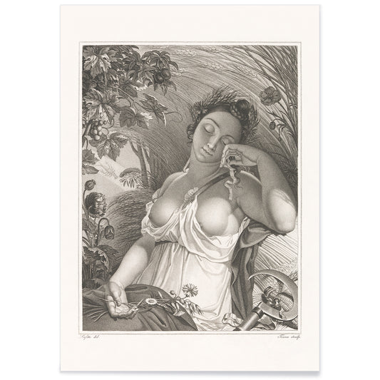Sleeping Woman by Salvatore Tresca serene woman sleeping in a lush natural setting with flowers and wheat poster, with black aluminium frame on white background