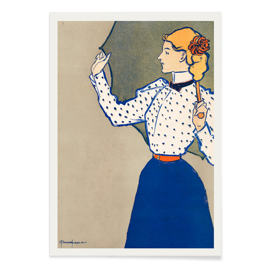 Woman holding umbrella in vintage fashion polka dot blouse and blue skirt artwork by Edward Penfield, with black aluminium frame on white background