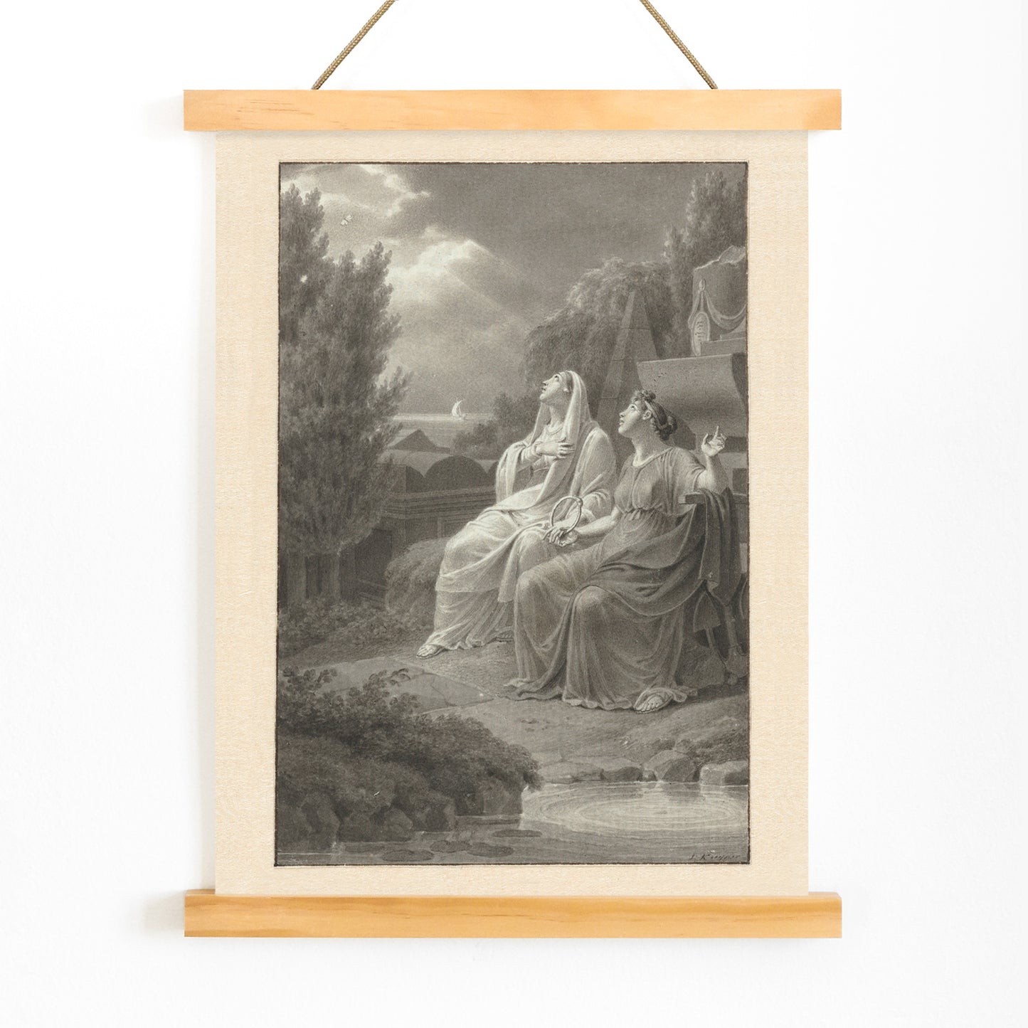 Two women in classical attire seated outdoors gazing at the night sky artwork by Jacques Kuyper, with wooden magnetic frame on white background