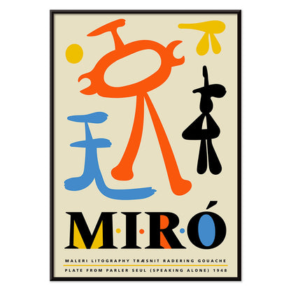 Exhibition poster inspired by Joan Miro and artwork Parler Seul featuring colorful abstract shapes and bold typography, with black aluminium frame on white background