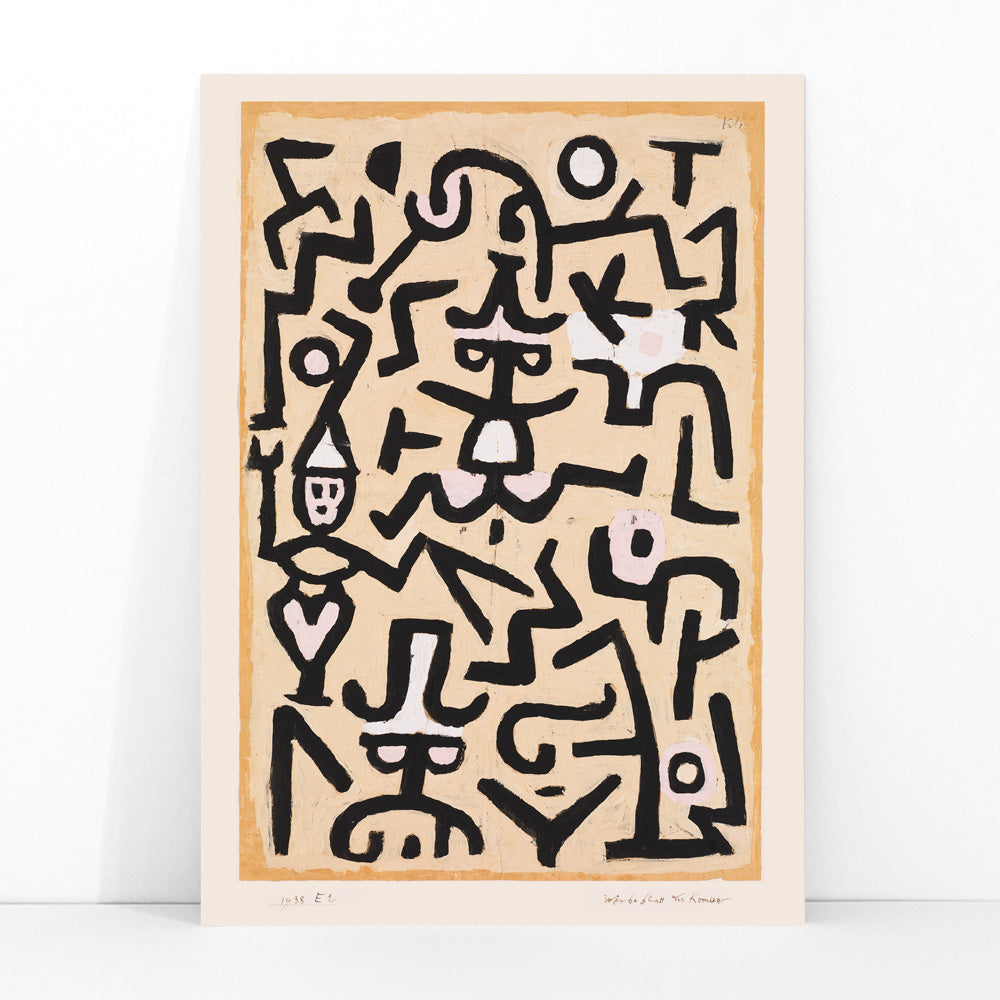 Abstract line drawing and poster with black lines forming playful whimsical figures and shapes in Comedians Handbill artwork by Paul Klee, framed and displayed in modern living room decor