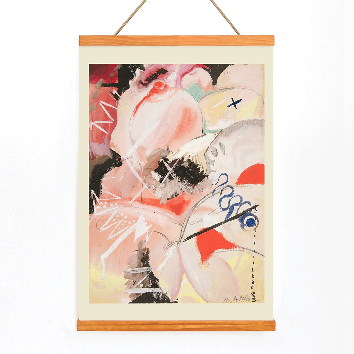 Abstract watercolor and dynamic abstract art poster titled Female Figure by Hilma af Klint and Wassily Kandinsky, with wooden magnetic frame on white background