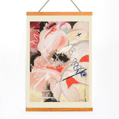 Abstract watercolor and dynamic abstract art poster titled Female Figure by Hilma af Klint and Wassily Kandinsky, with wooden magnetic frame on white background