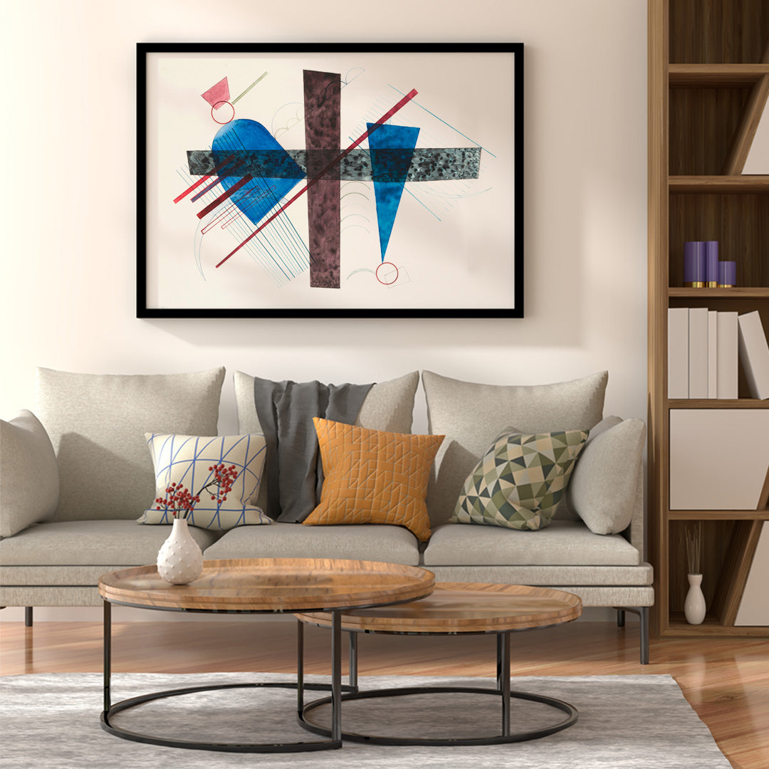Abstract geometric poster with blue and red shapes artwork Blau in Rund und Spitz by Wassily Kandinsky, framed and displayed in home decor