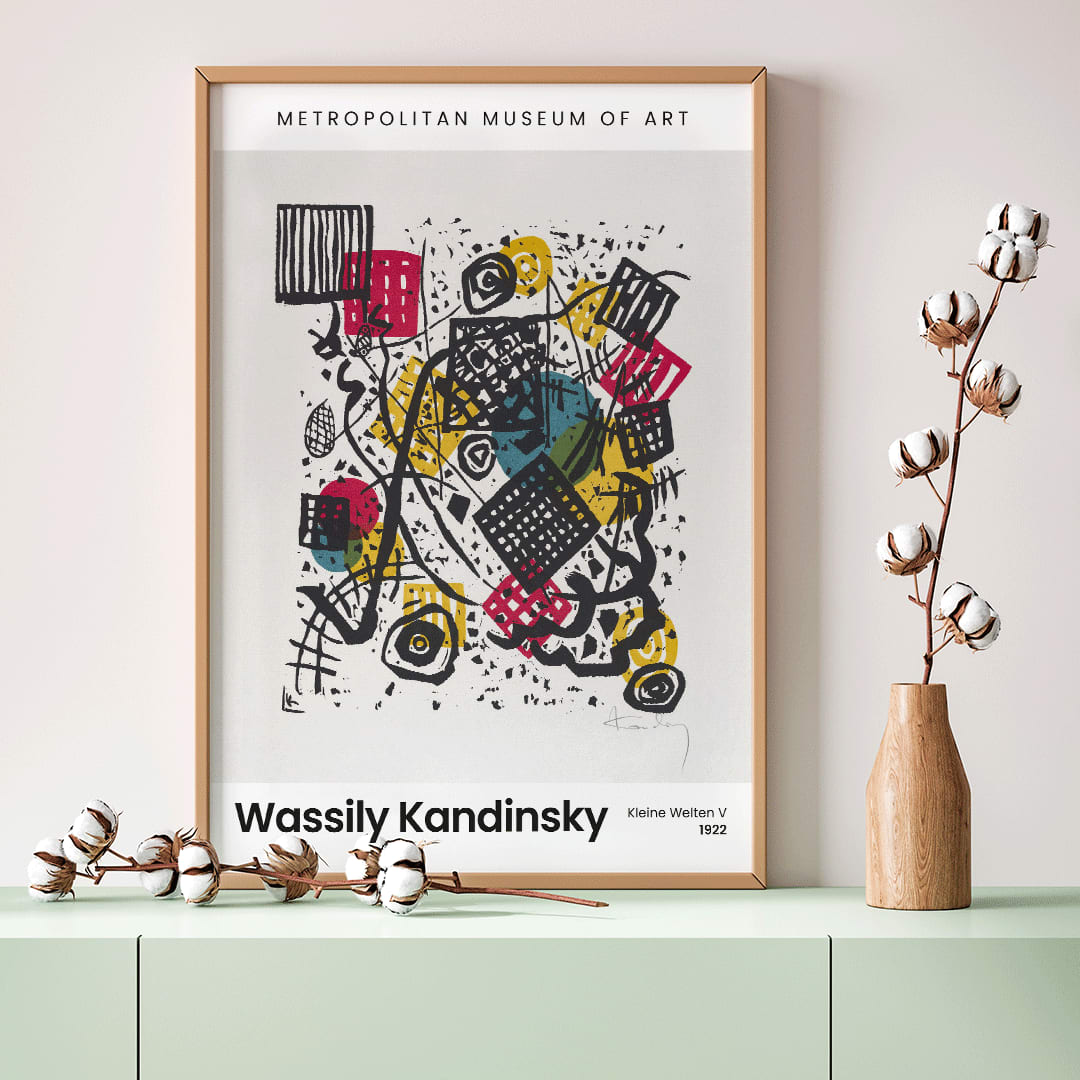 Abstract geometric composition with bold shapes and vibrant colors Kleine Welten V Small Worlds V by Wassily Kandinsky poster wall decor, framed and displayed in home decor