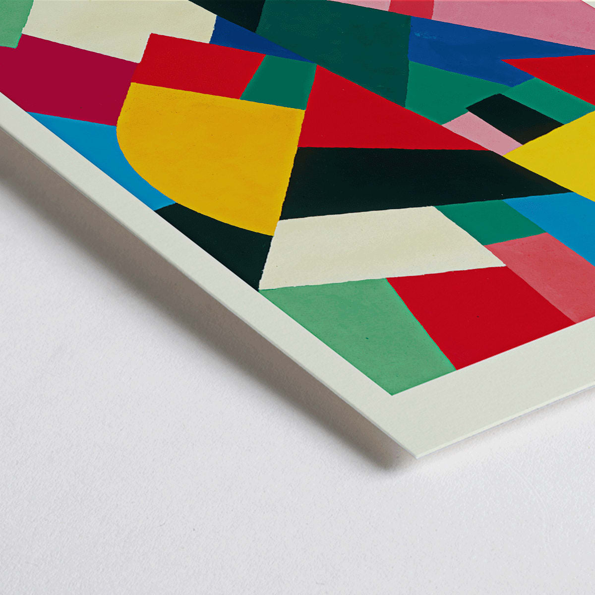 Closeup detail of Abstract colorful geometric shapes painting and poster Color Patchwork Sans Titre by Otto Freundlich for modern decor