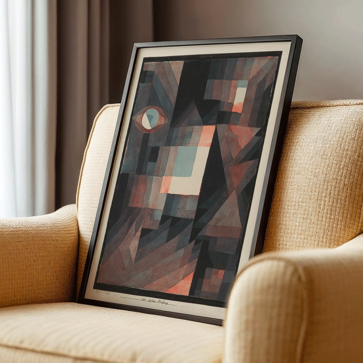 Geometric abstract painting in red and green with vertical patterns and shapes by Paul Klee titled Abstract Red and Green Gradation featuring an eye and cinnabar accents in vertical format, framed and displayed in modern living room decor