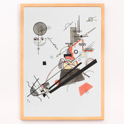 Closeup detail of Abstract geometric art poster with intersecting lines and shapes in black red and yellow Fröhlicher Aufstieg by Wassily Kandinsky