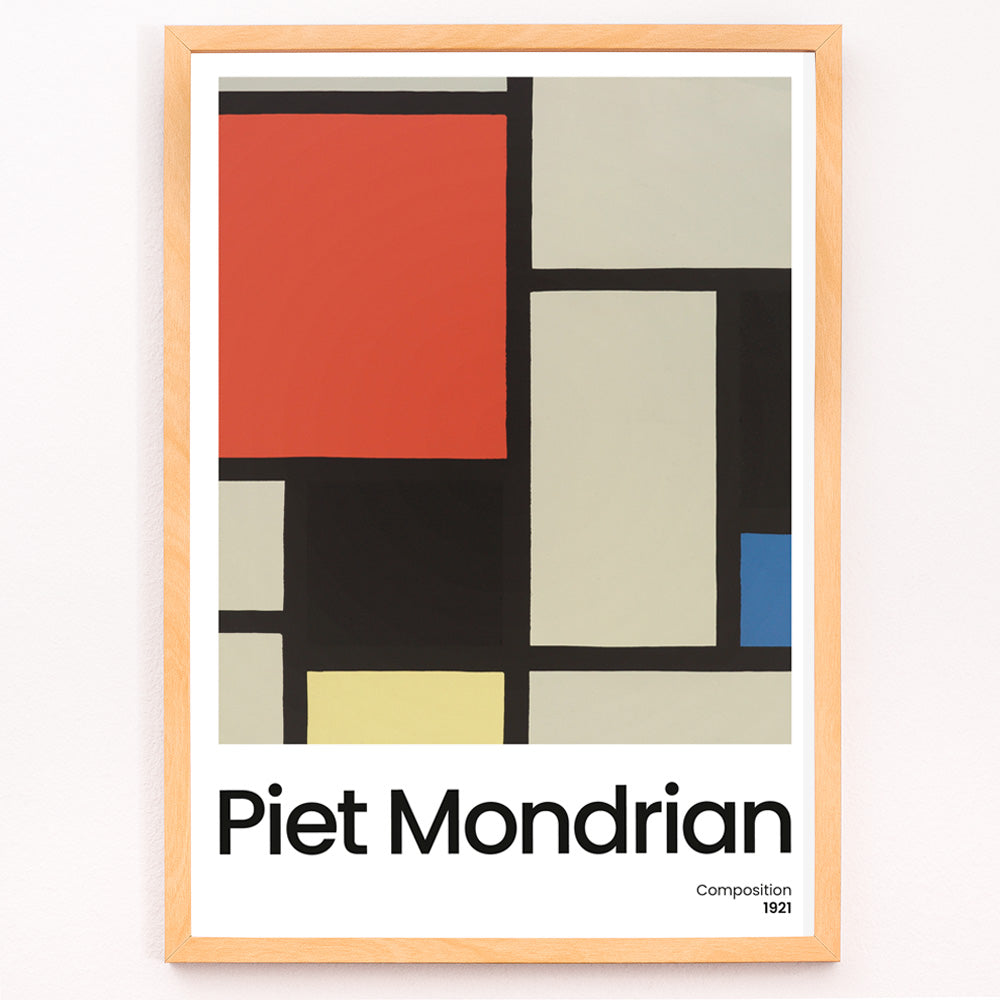 Closeup detail of Abstract geometric art poster with bold primary colors and black lines by Piet Mondrian titled Composition