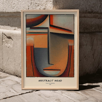 Abstract Head Tragic by Alexej von Jawlensky geometric abstract painting and poster with warm tones and stylized face, framed and displayed in modern living room decor